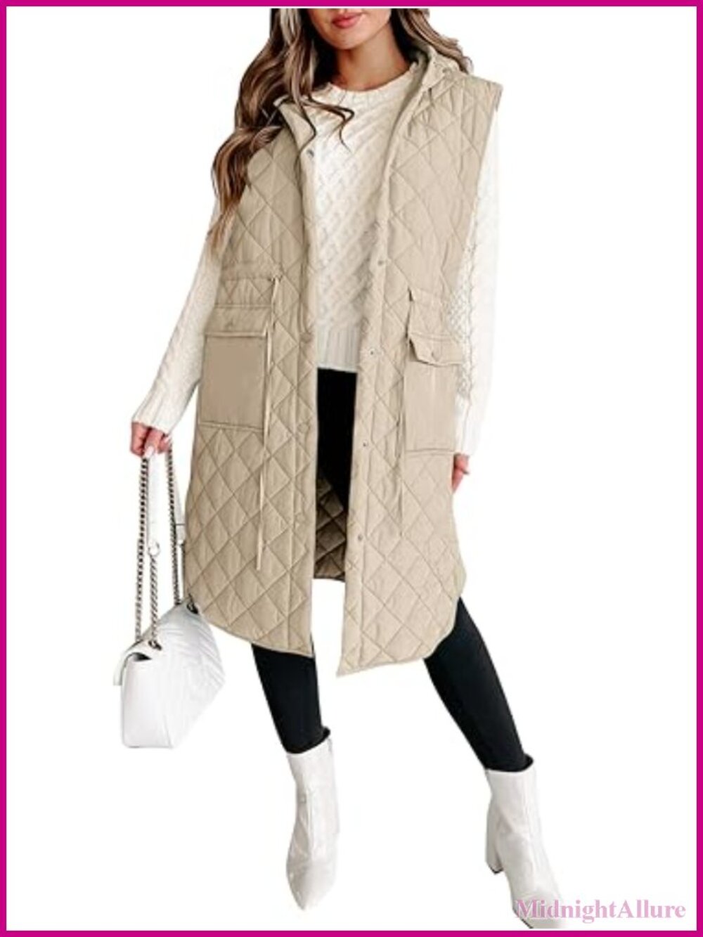 Long Puffer Vest Sleeveless Hooded Quilted Women's Jacket Button Down